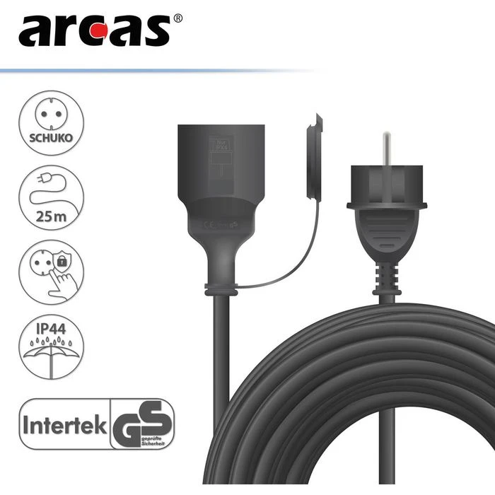 Arcas Strom-Verlängerungskabel, 25m, Schutzkontakt, Außen IP44, Schwarz 2 Arcas Strom-Verlängerungskabel, 25m, Schutzkontakt, Außen IP44, Schwarz – Bild 2